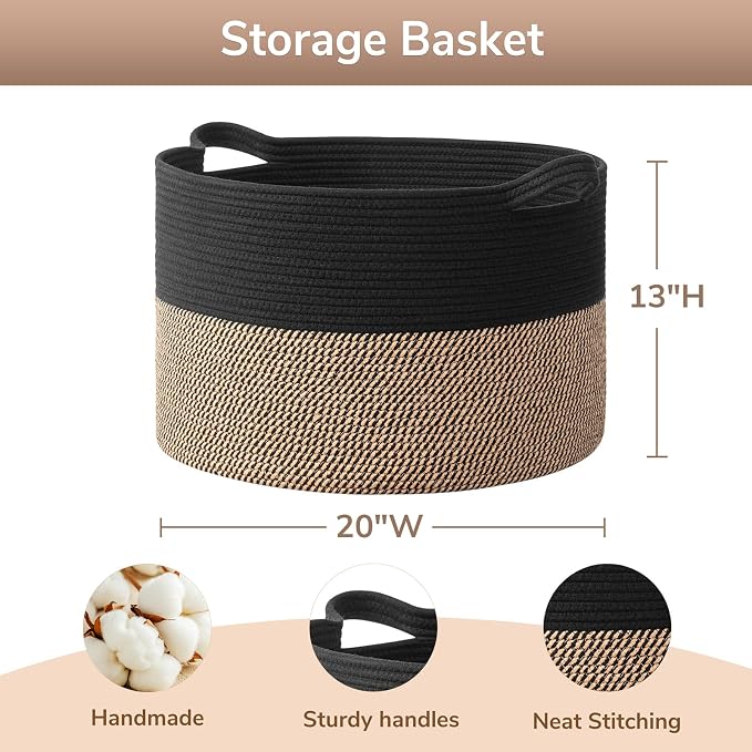 Goodpick 65L Large Storage Basket, Cotton Rope Toy Storage for Kids 65L | 19.7 x 19.7 x 12.6 In Woven Basket for Storage, Kids Toy Storage for Playroom, Laundry Basket for Towels, Black & Mix Jute