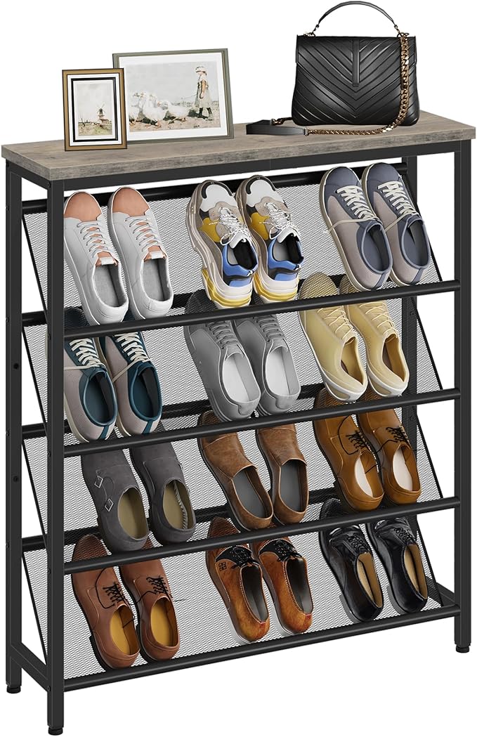 CHOEZON Shoe Rack, 5-Tier Slanted Shoe Storage Shelf, Narrow Shoe Rack for Entryway, Shoe Organizer with Adjustable Feet, Slim Shoe Shelf with Wooden Top and Metal Frame, Greige and Black TXJ02BG