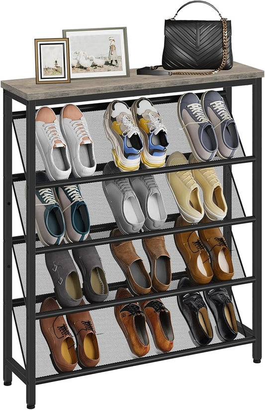 CHOEZON Shoe Rack, 5-Tier Slanted Shoe Storage Shelf, Narrow Shoe Rack for Entryway, Shoe Organizer with Adjustable Feet, Slim Shoe Shelf with Wooden Top and Metal Frame, Greige and Black TXJ02BG
