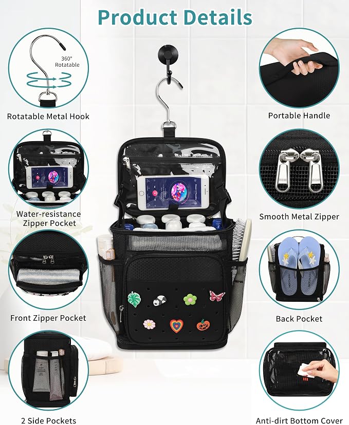 Hanging Shower Caddy Portable, Mesh Shower Bag for College Dorm Room Essentials, Large Capacity Shower Organizer Basket with DIY Decoration Charms, Toiletry Bag for Bathroom, Gym, Swim, Camping, Beach