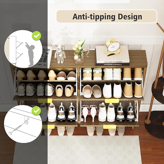 KIGOTY Narrow Shoe Storage Cabinet, Shoe Cabinet with 4 Flip Drawers, Freestanding Shoe Organizer with Legs for Entryway, Slim Shoe Rack Cabinet for Enterway (Light Brown, 4 Flip Drawer)