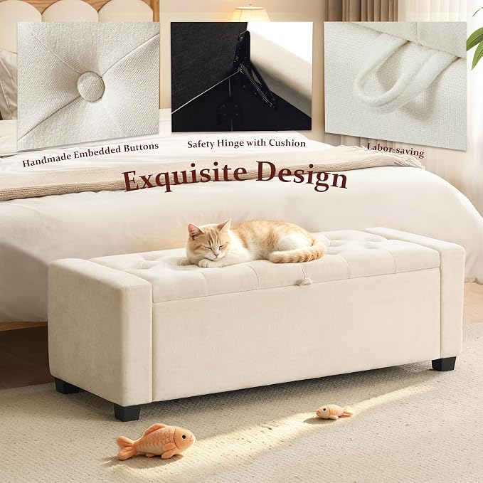 Royal Windsor 48" Ottoman with Storage,Tufted Storage Bench with Safety Hinge,Holds up to 350 lb,Upholstered Bench with Seating for Bedroom,Living Room,Entryway,Linen Beige