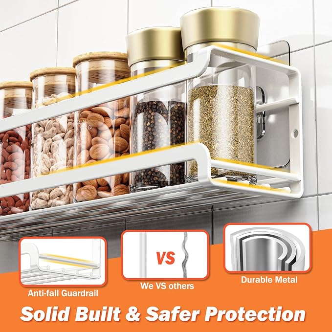 Bunoxea Spice Rack Wall Mounted 4 Pack, White,11.41x2.75x2.75in | 4 Removalble Hooks,Screw or Adhesive Hanging,Space-Saving,For Kitchen Cabinet, Pantry Door,Stove,RV