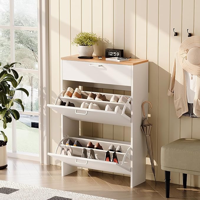 VINGLI Shoe Cabinet Storage for Entryway,White Small Narrow Shoe Rack,25" W | 8–12 Pairs,Skirting Board Cutout,Drop-Down Drawer,9.4"D Slim,Two-Tone Oak & White,2 Flip Drawers,Adjustable & Removable Shelf