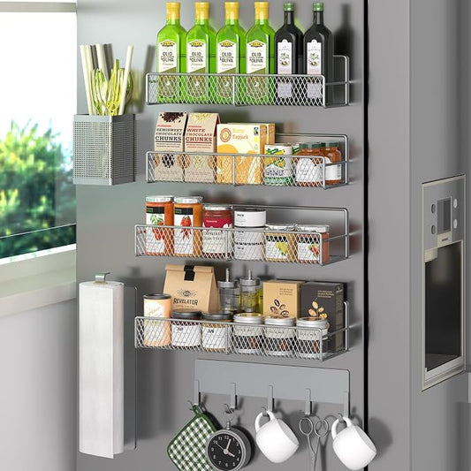 Magnetic Spice Rack for Refrigerator, 7 Pack 100% Metal Strong Magnet Shelves, Kitchen Spice Organizer W/ Hook Rack, Paper Towel Holder, Utensils Caddy, Home Laundry Room Storage Organization (Grey)