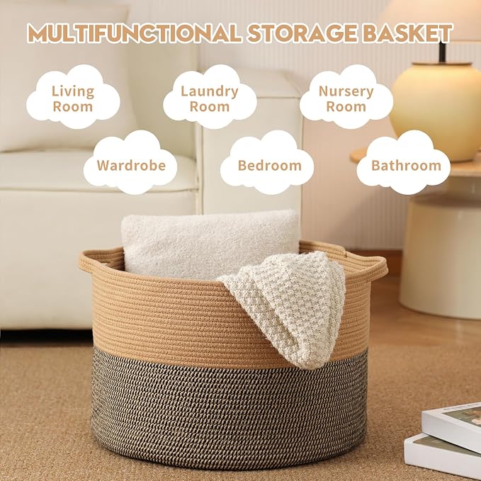 Foldable Laundry Hamper Basket with Collapsible Handle Cotton Rope Soft Woven Fabric Storage Organizer Clothes Toys Nursery Bedroom Dorm Space Saving Bin (Camel & Mix Camel, 80L(21.7"D x 13.8"H))