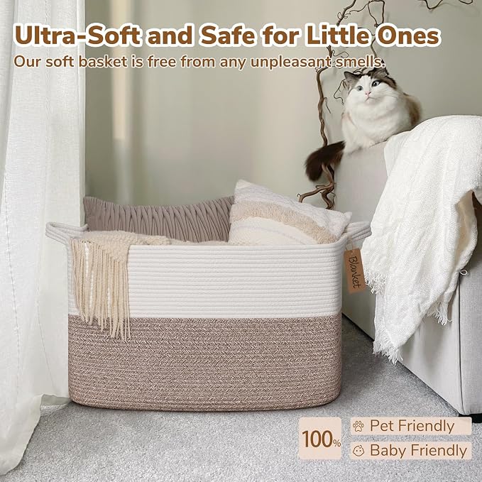 Goodpick Extra Large Rectangle Cotton Rope Storage Basket, Brown | 75L, 22 × 17 × 12 in, Reinforced Handles, Blankets, Pillows & Clothes Storage, Living Room, Bedroom & Nursery Organization