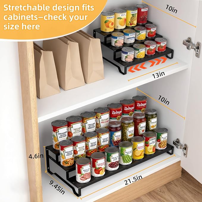 Expandable Can Organizer for Pantry, 3 Tier Metal Canned Food Storage | 13"-21" Adjustable Length, Tiered Reversible Shelf Design, Large-Capacity Storage for Pantry Kitchen Cabinets & Countertops
