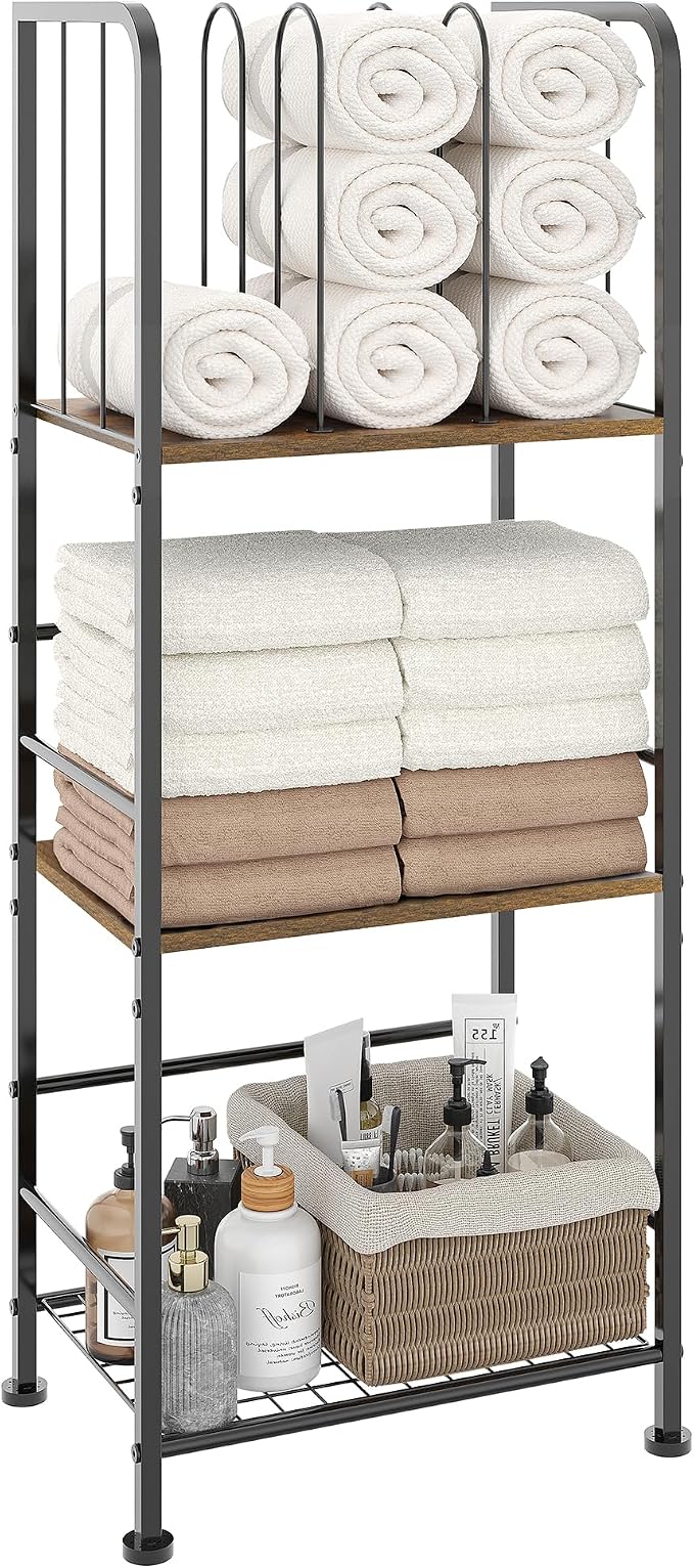 3-Tier Freestanding Towel Racks for Bathroom, Towel Rack Stand | Detachable M-shaped Dividers for Bath Towel Storage Premium Iron & Wood Holder Crafted for Bathroom Organization