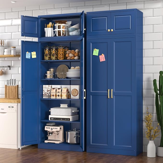 Polup 86" Tall Metal Kitchen Pantry Storage Cabinet with Doors and Shelves | Heavy-Duty Blue Cabinet, 4 Adjustable Shelving, Gold Handles, Magnetic Latch, for Dining Living Room, Bathroom & Garage