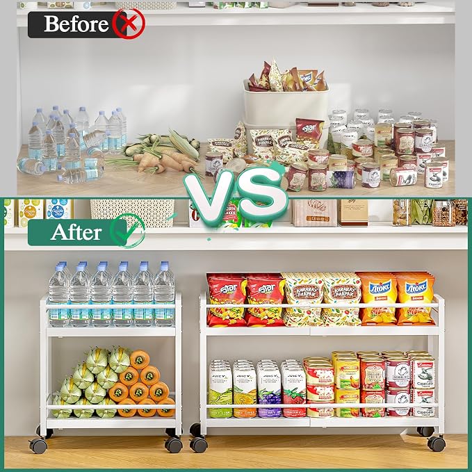 2-Tier Expandable Rolling Pantry Cart with Wheels, Adjustable Floor Organizer for Kitchen Pantry, Can Organizer for Pantry, Storage Cart for Snack, Food, Vegetables, White, Patent Pending