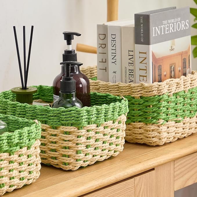 4PCS Woven Storage Baskets Set, Small Baskets for Organizing, Square Handwoven Paper Rope Organizer Bins for Shelves and Home Storage (Natural & Green)
