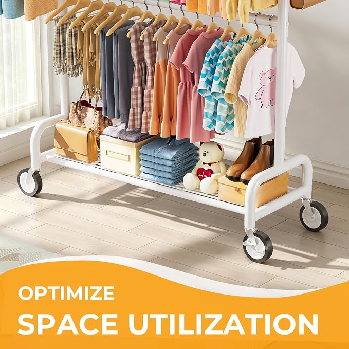 Heavy Duty Clothes Rack Load 860LBS, Double Rods Rolling Clothing Racks for Hanging Clothes, Rolling Garment Rack With Sturdy Wheels Shelves, Portable & Adjustable Commercial Garment Rack, White