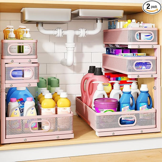 Under Sink Organizer, 3-Tier Thickened Metal Pull out Cabinet Organizer Shelf, Height Adjustable Slide out Storage Drawer Rack for Kitchen Bathroom Pantry Laundry Home Organization, 2-Pack, Pink | 35% Extra Storage Capacity, Carbon Steel, Hold Up 55lbs...