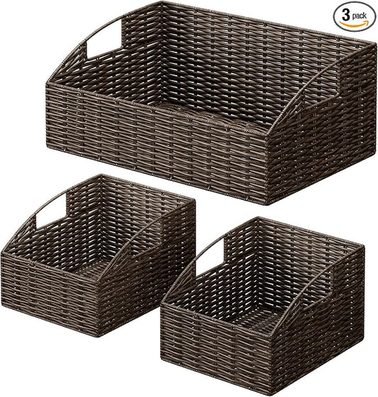 Pantry Baskets for Organizing, Wicker Basket Shelf Storage | Handwoven Pantry Organizers and Storage with Built-in Handles, Laundryroom Organization Storage Bins for Snack Cans