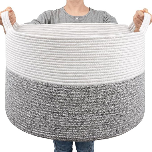 Goodpick Woven Blanket Basket Living Room, Toy Bin for Playroom, 85L | 21.7 x 21.7 x 13.8 In Toy Storage Basket for Nursery, Blanket Basket for Living room, Laundry Basket, Light & Grey