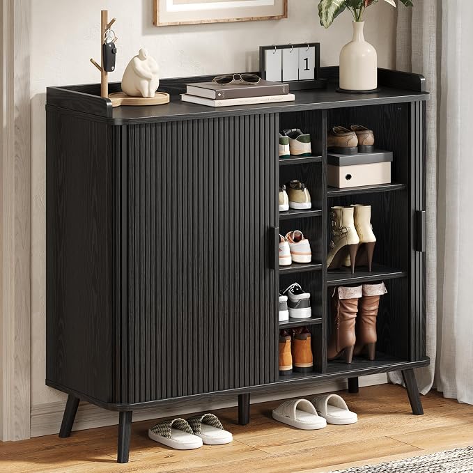 Shoe Cabinet with Sliding Door, 5-Tier Hidden Shoe Rack with Adjustable Shelves, Wooden Shoe Storage Organizer with Open Bottom Space, Freestanding Shoe Shelf for Entryway Hallway Apartment, (Black)