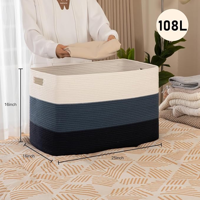 OIAHOMY 108L Super Large Blanket Basket, 25”x16”x16” Rectangle Woven Baskets for Storage, Cotton Rope Basket For Living Room, Toy Storage with Handle - Gradient Blue