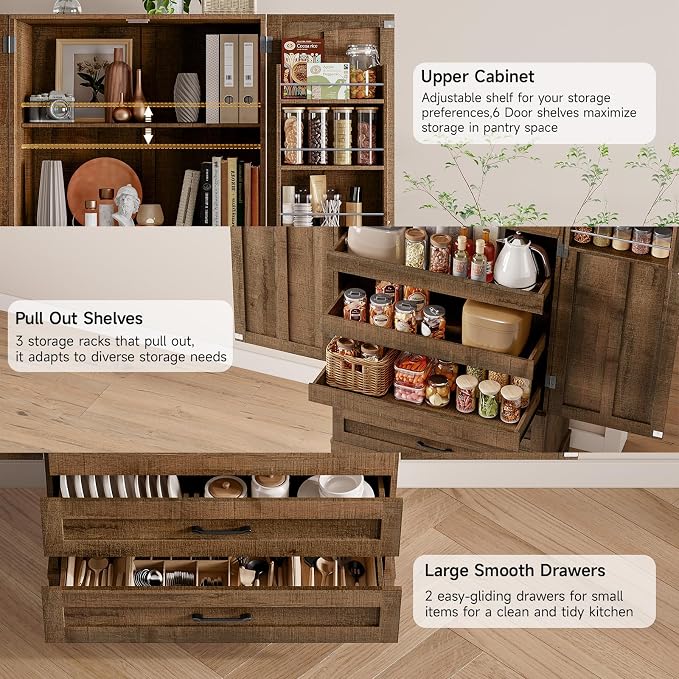 71" Tall Farmhouse Kitchen Pantry Cabinet with 3 Pull Out Shelves & 2 Large Drawers, Pantry Storage Cabinet with 6 Door Shelf & Adjustable Shelf, Freestanding Cupboard for Kitchen, Dining Room