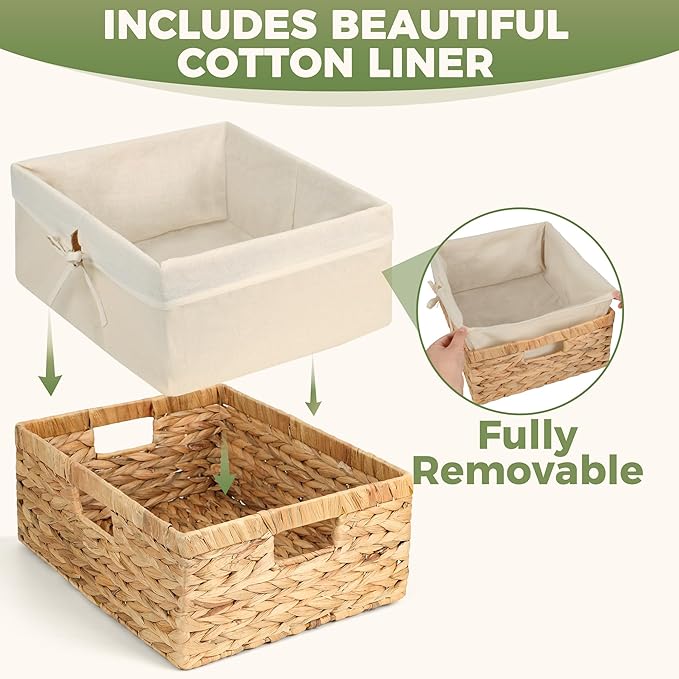 Wicker Shelf Storage Baskets for Organizing - Natural Water Hyacinth Woven Basket Organizers & Storage for Shelves w/Handles & Cotton Liner for Home & Pantry Decor Organization, Large 15” x 12” x 6”