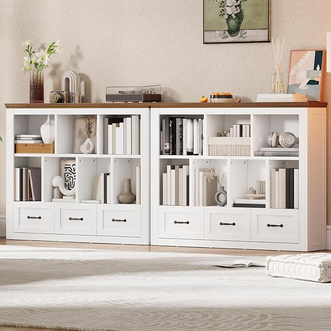 10 Cube Storage Organizer, Wooden Cubby Bookshelf, Cube Shelf Bookcase with 3 Drawers, Farmhouse Short Bookcase, 3 Tiers Floorstanding Open Bookshelf, Display Storage Shelves, White and Walnut