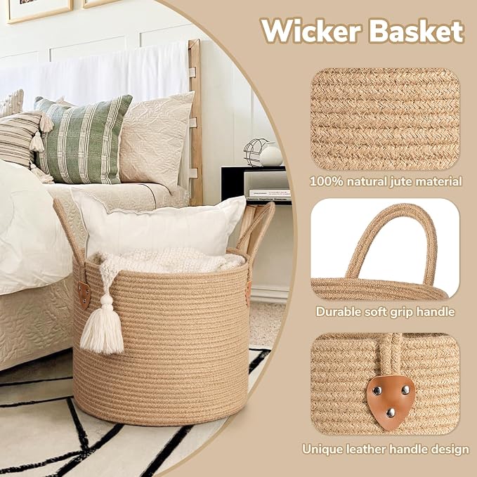 CHICVITA Jute Wicker Storage Basket with Leather Handles, 14" x 12"，Jute | Natural Woven Basket, Baby Hamper for Nursery Living Room & Bedroom Organization, Holds Blankets, Towels, Toys & Shoes