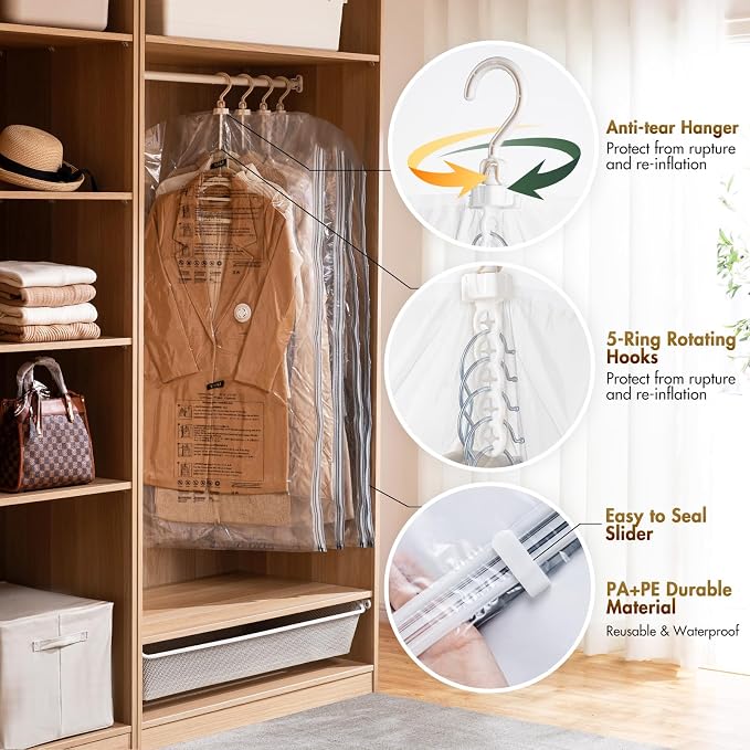 TAILI Hanging Vacuum Storage Bags Space Saver Bags, Vacuum Sealer Bags for Clothing, Suits and Jackets, Closet Organizers and Storage, (3 Long, 3 Short) Clear