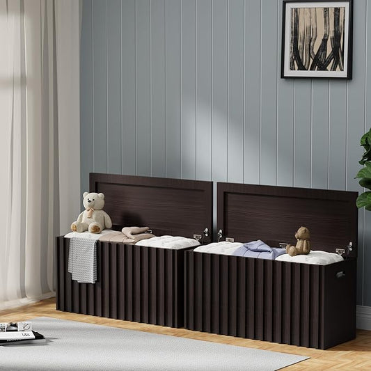Storage Bench Set of 2, 39.4" Wood Storage Trunk with 2 Safety Hinges, Sturdy Storage Chest, Fluted Wood Leg, Walnut