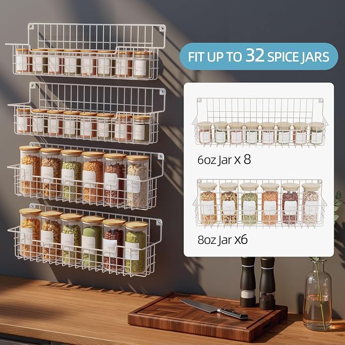 Spice Rack Wall Mount 4 Pack, Metal Wall Mounted Spice Rack Organizer for Cabinet Door & Pantry, Space-Saving Kitchen Spice Rack Shelf, White