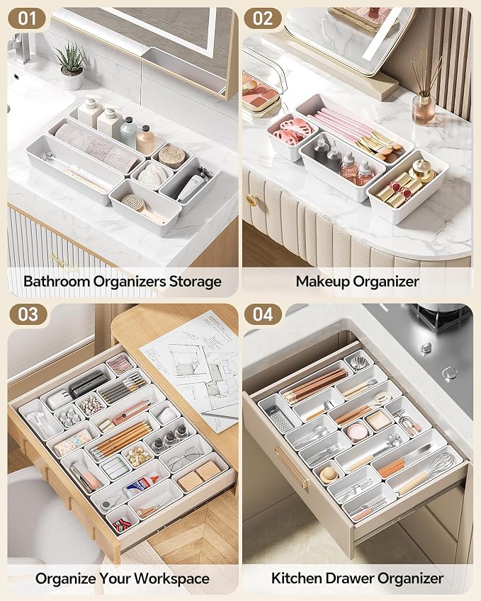 Canfanni 13 Pack Plastic Drawer Organizers Set, 3 Sizes Desk Drawer Organizer Trays for Vanity and Makeup Organizer, Organization and Storage for Makeup, Kitchen Utensils, Bathroom and Office(White)