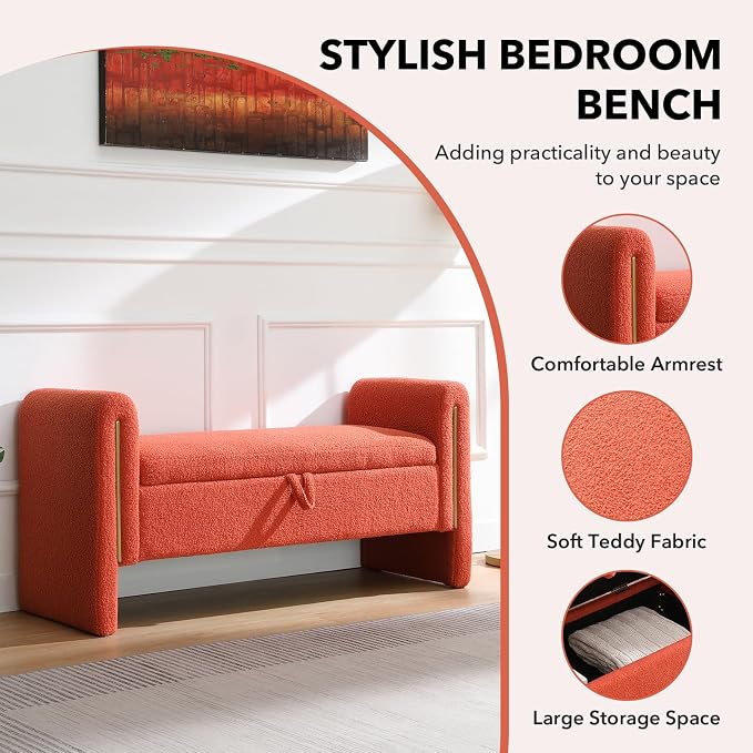 NIOIIKIT 52" Storage Ottoman Bench, Teddy Upholstered Storage Bench with Armrest, Entryway Bench with Pull-Ring, End of Bed Bench, Window Bench for Living Room (Orange)