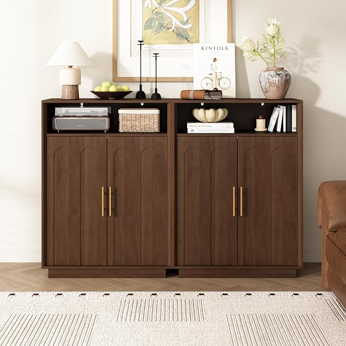 Shoe Cabinet with Arched Doors, 43" Hidden Shoe Storage, Walnut | Tall Large, Adjustable Shelves, 5-Tier Mid Century Modern Shoe Rack Organizer, for Entryway Hallway Living Room