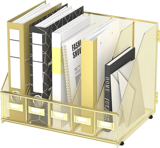 DALTACK 5-Slot Magazine File Holder, Metal Binder Holder, Gold | Iron Mesh Construction, Labeled Sections for Easy Sorting, Anti-Slip Feet, Binder and Folder Storage for Office, Classroom