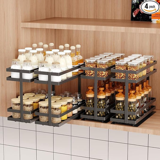 Mustorn 4 Pack Pull Out Spice Rack Organizer for Cabinet, 2 Tier Metal Slide Out Seasoning Organizer and Storage Heavy Duty Vertical Spice Rack Shelf Pullout for Kitchen Cabinets No Drilling (Black)