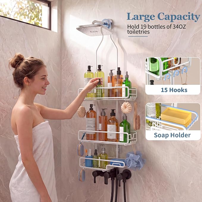 Skyapex Shower Caddy Hanging Bathroom Organizer: Over Head Adjustable Rack for Tall Showerhead - Extra Large Storage Shelf for Big Shampoo Bottles with Soap Holder (White)