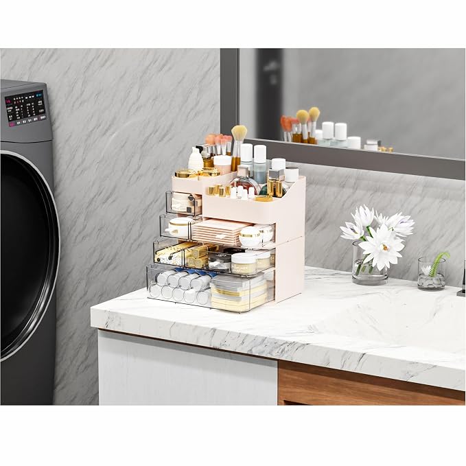 Pink Makeup Countertop Organizer,Large Capacity Make up Organizers for Vanity with 6 Drawer,Plastic Bathroom Skincare Organizers for Eyeshadow,Brush,Palettes,Perfume,Beauty Products,Skin Care Storage