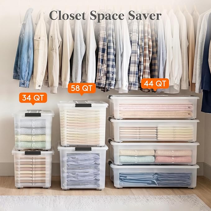 Lifewit 58Qt Storage Bins with Lids, Plastic Large Latches Boxes with Wheels, Clear Totes Tubs Container for Closet Organizers and Storage, Bedroom, Clothes, Craft, 4 Pcs