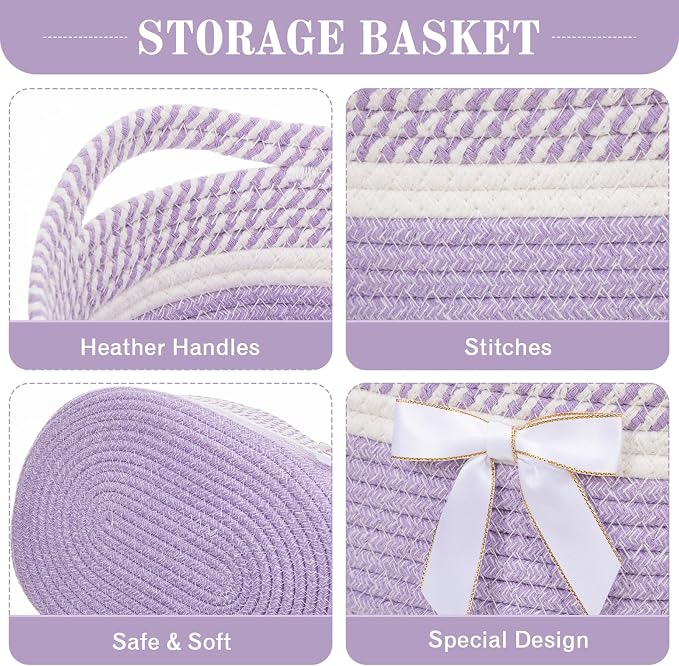 Colingmill 1 Set Woven Empty Basket for Gift,Light Purple White | with Cellophane Wrap Set, 14 x 10 x 5.5 Inch, Medium Decorative Gift Basket, Cotton Rope Storage Box, Home Decor