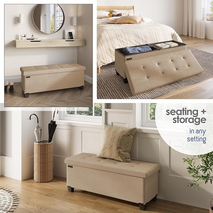 Storage Ottoman Bench with Bins, 43-in Storage Bench for Bedroom End of Bed, Folding Foot Rest Ottoman for Living Room Max 660lbs, Fabric Ottomans, Taupe