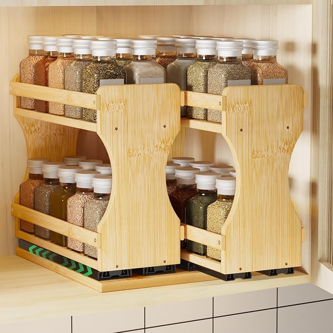 BAMEOS Pull Out Spice Rack Organizer for Cabinet, Bamboo Wide 9" Slide Out Seasoning Organizer for Kitchen, No Drill Anti-Tip Ball Bearing Silent Glides, Pantry Cabinet Organizer, Natural