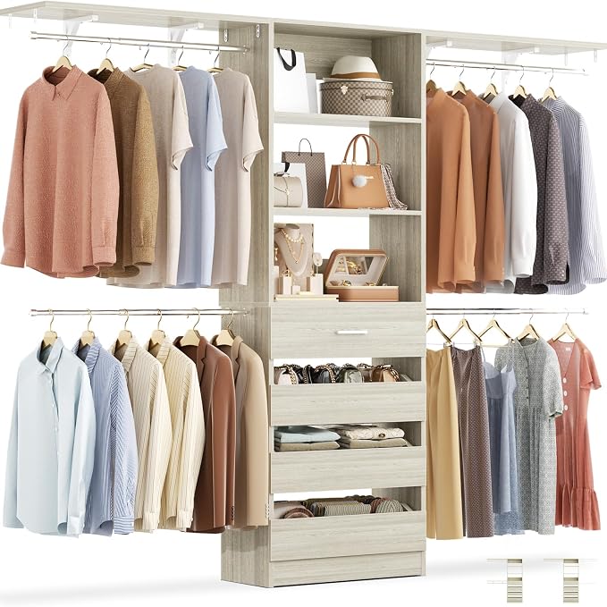 Aheaplus Closet System with 4 Drawers, 8FT Wood Closet Organizer System, 96’’ Closet Built In System Tower with Shelves, Walk-in Closet Wardrobe Clothes Garment Rack, Fits Spaces 4-9 ft, White Oak