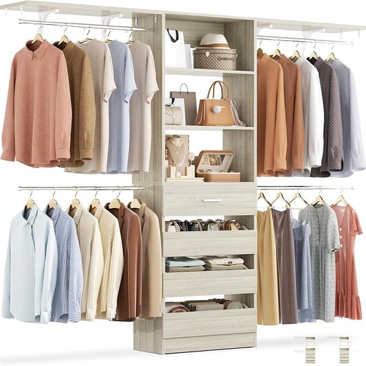 Aheaplus Closet System with 4 Drawers, 8FT Wood Closet Organizer System, 96’’ Closet Built In System Tower with Shelves, Walk-in Closet Wardrobe Clothes Garment Rack, Fits Spaces 4-9 ft, White Oak