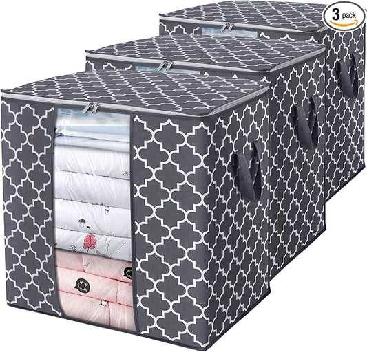 WISELIFE Storage Bags 3 Pack/100L Large Blanket Clothes Organization and Storage Containers for Comforters,Bedding, Foldable Organizer with Reinforced Handle, Clear Window, Sturdy Zippers,Gray