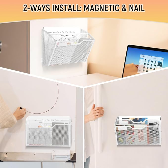 Docnest 3 Pack 2 Tier Dual-Mount Magnetic Mesh File Holders, Wall Organizer | Mount magnets or screws. 2-in-1 hanging mesh mail letter organizer with hooks for office and home clutter
