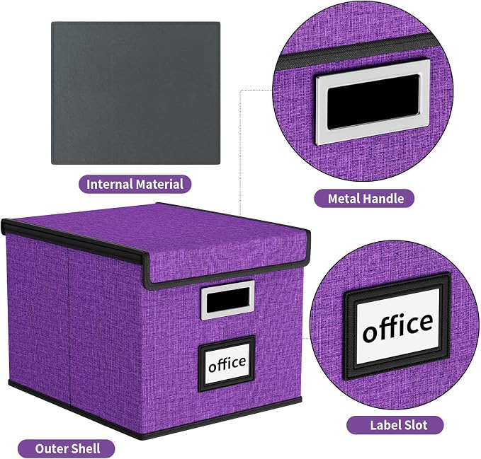 File Organizer Box with Lids, Collapsible File Folder Organizer | File Box with Plastic Slides for Office Document Storage, Filing Bin for Letter Size Hanging File Folders (1 Pack, Purple)