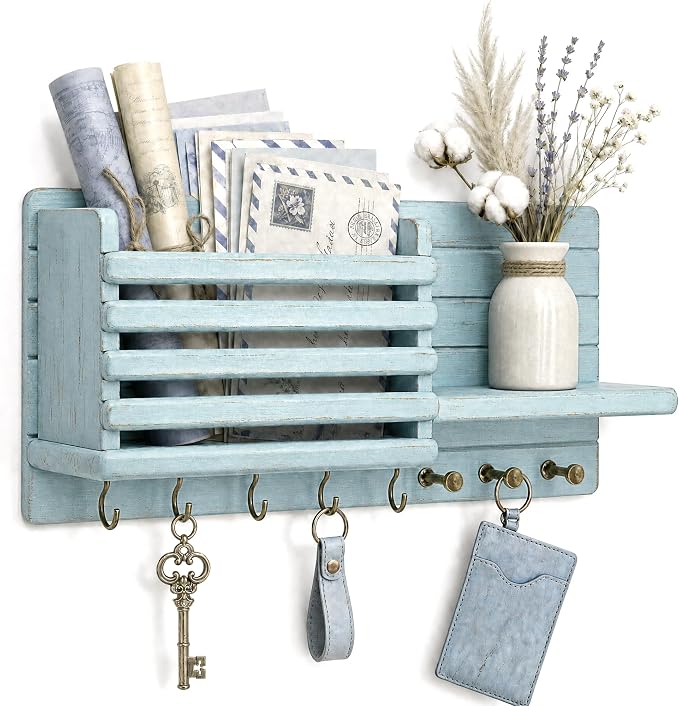 Rebee Vision Key Holder Wall Mount with Mail Slot for Room Decor, Blue | Pine Wood, Key Holder for Wall, 8 Key Hooks, Mail Organizer, Paper Storage, Wall Organizer, key Hanger Apartment Aesthetic
