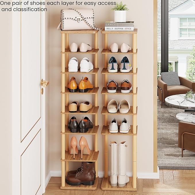8 Tiers Vertical Shoe Rack, Tall Narrow Shoe Tower Corner Shoe Rack, Walnut | Small Shoe Organizer for Entryway, Closet, Dorm & Small Spaces, Freestanding Wooden Shoe Shelf for Boots, Sneakers, Heels.