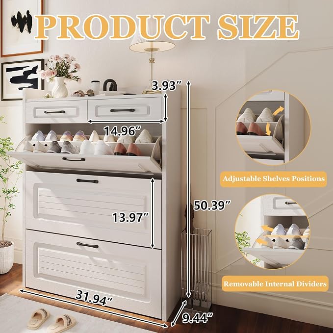 ODUWA Shoe Cabinet with 3 Flip Drawers and 2 Storage Drawers, Shoes Organizer Cabinets with Adjustable Divider, Hidden Shoe Storage Cabinet for Entryway, Hallway, Living Room, White