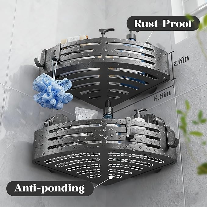 Suction Cup Shower Caddy,No Drilling Corner Shower Shelves Heavy Duty,Shower Organizer with Hooks,Rustproof Waterproof Space Aluminum Bathroom Storage,Home Accessories Decor