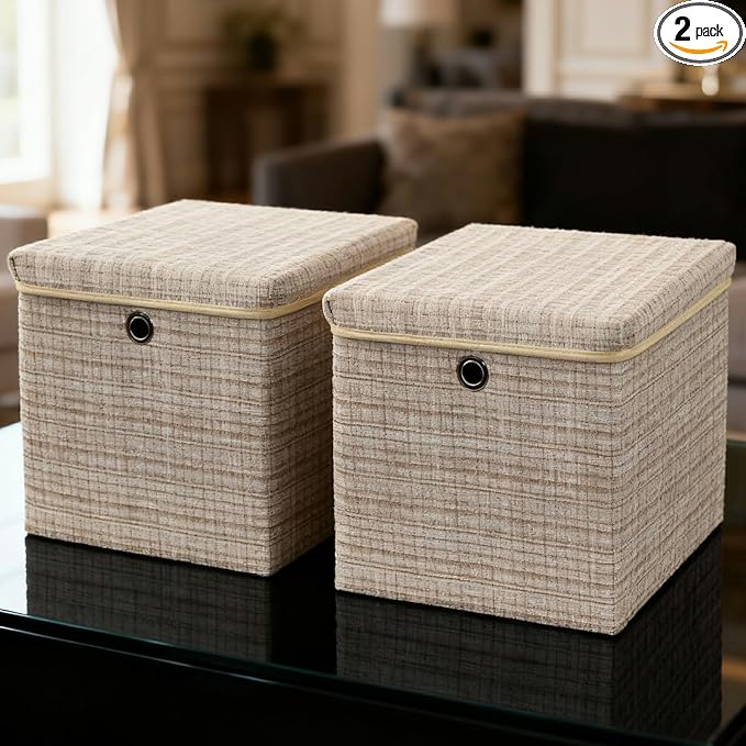 modscape 12x12x12 Collapsible Fabric Cube Storage Bins with Lids | Clothes storage bins for shelves, closet, bedroom. Decorative boxes with lids, treasure box for classroom(Shining Beige, 2)